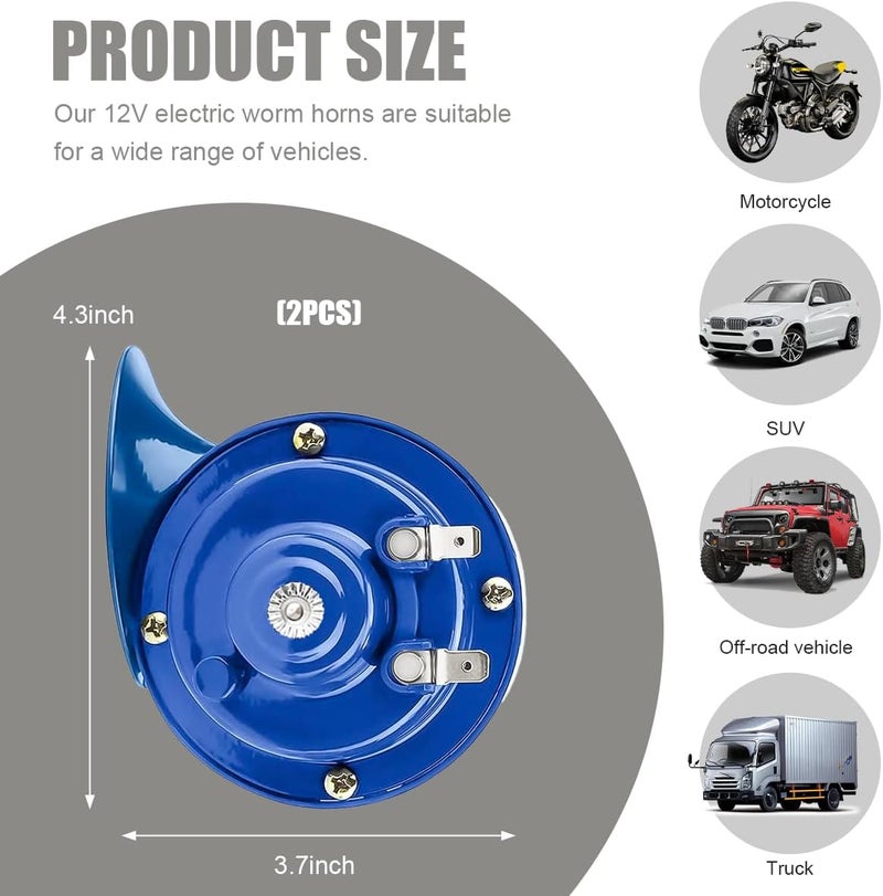 FSTURIOS 2PCS 300DB Super Loud Train Horns, 12V Waterproof Air Electric Snail Horn Replacement Kit, Universal Durable Raging Sound Air Horns for Car, Motorcycle, Truck, Marine Boat (Blue) - Image 2